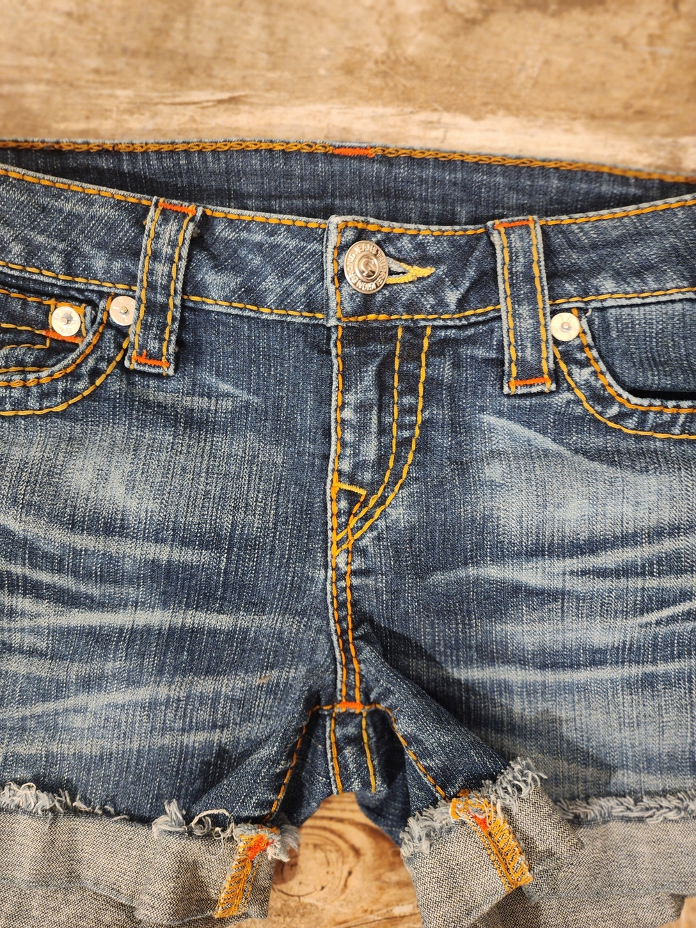 True Religion Mid Wash Rolled Cuff Distressed Denim Shorts - Picture 2 of 6